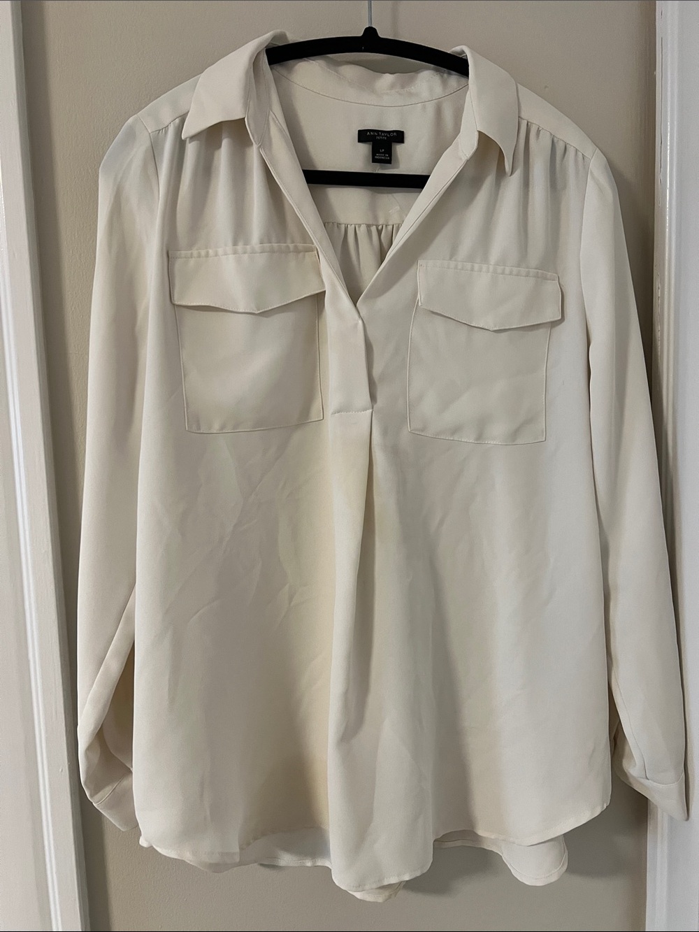 Ann Taylor Ivory Button-Front Pocket Blouse